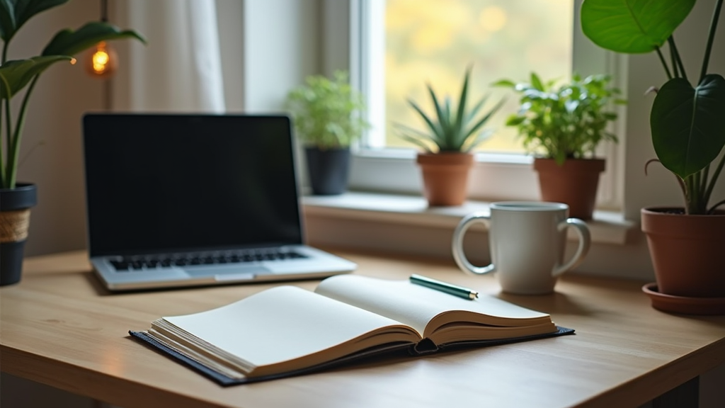 A laptop, notebook, and coffee mug on a cozy study desk with natural lighting, representing a student's freelance workspace.