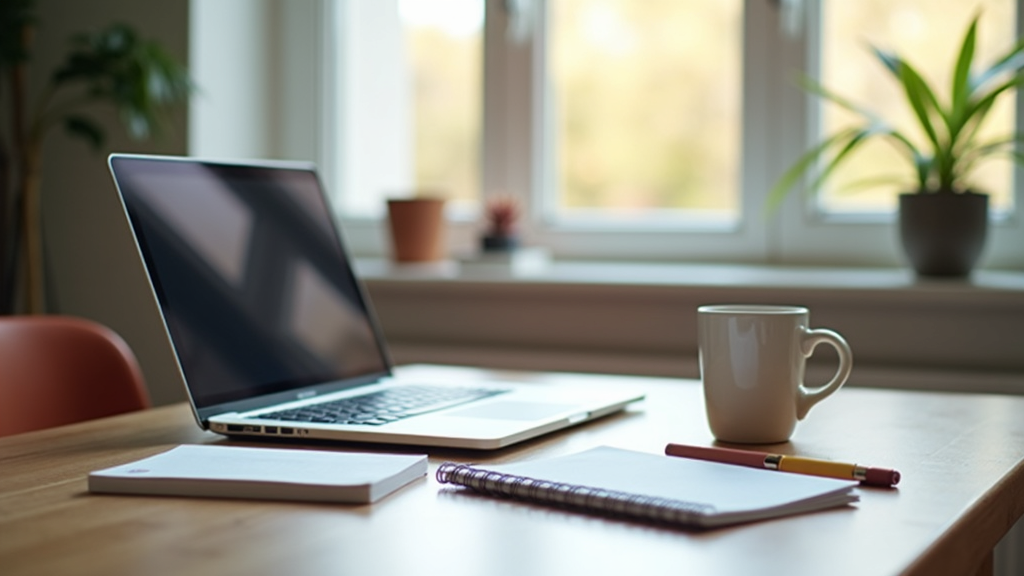 Freelance college student workspace with laptop, notebook, and coffee on a desk in front of a window, bright and inviting